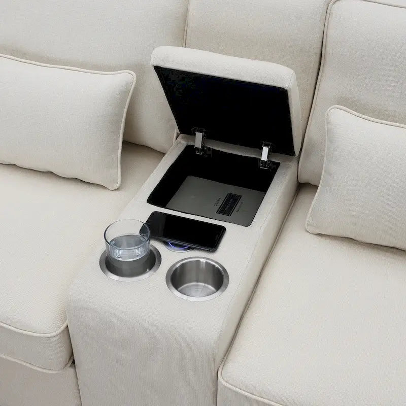 Upholstered Sofa with Console, 2 Cupholders and 2 USB Ports Wired or Wirelessly Charged