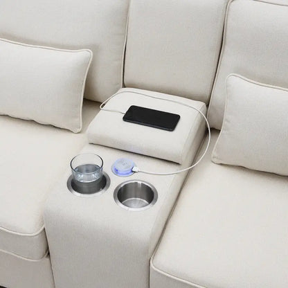 Upholstered Sofa with Console, 2 Cupholders and 2 USB Ports Wired or Wirelessly Charged