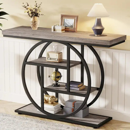Industrial 4-Tier Sofa Table Entryway Table with Circle Base