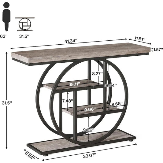 Industrial 4-Tier Sofa Table Entryway Table with Circle Base