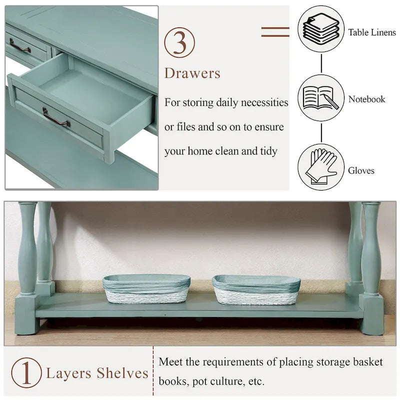 63inch Long Wood Console Table with 3 Drawers