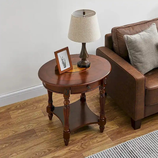 Solid Wood Oval End Table Sofa Table with Drawer and Storage Shelf
