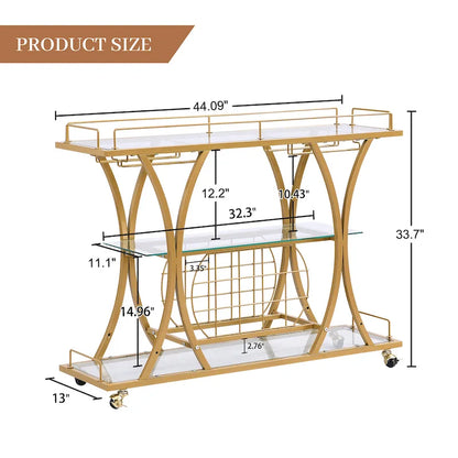 Myhozm 3-tier Serving Metal Bar Cart with Tempered Glass