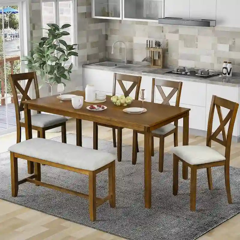 6-Piece Wooden Kitchen Dining Table Set with 4 Chairs and Bench
