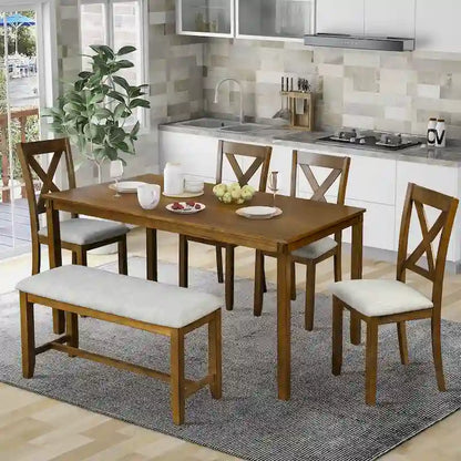 6-Piece Wooden Kitchen Dining Table Set with 4 Chairs and Bench