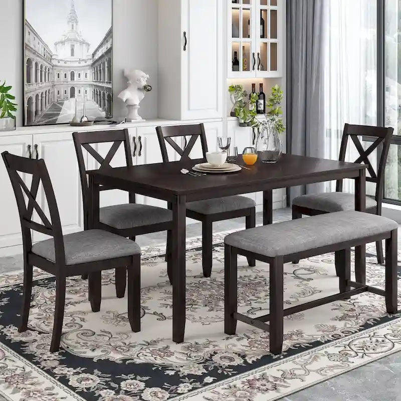 6-Piece Wooden Kitchen Dining Table Set with 4 Chairs and Bench
