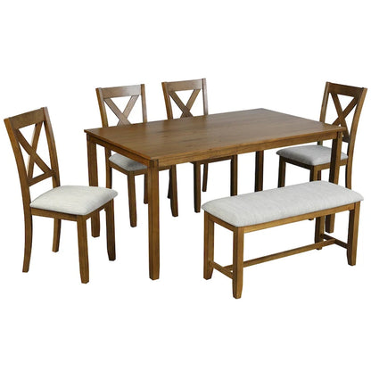 6-Piece Wooden Kitchen Dining Table Set with 4 Chairs and Bench
