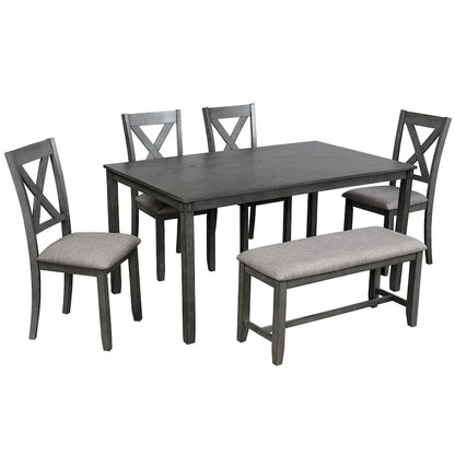 6-Piece Wooden Kitchen Dining Table Set with 4 Chairs and Bench