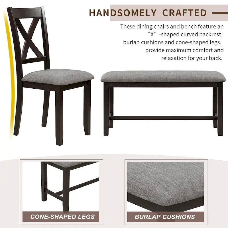 6-Piece Wooden Kitchen Dining Table Set with 4 Chairs and Bench