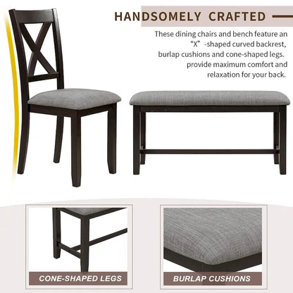 6-Piece Wooden Kitchen Dining Table Set with 4 Chairs and Bench