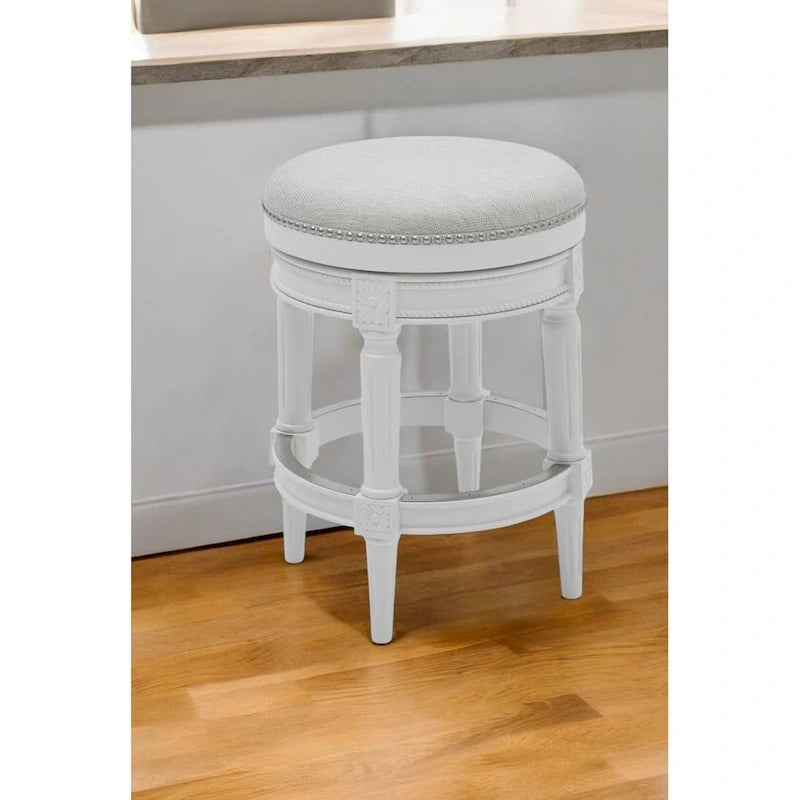 HomeRoots 26 White Solid Wood and Fabric Backless Counter Height Swivel Bar Chair