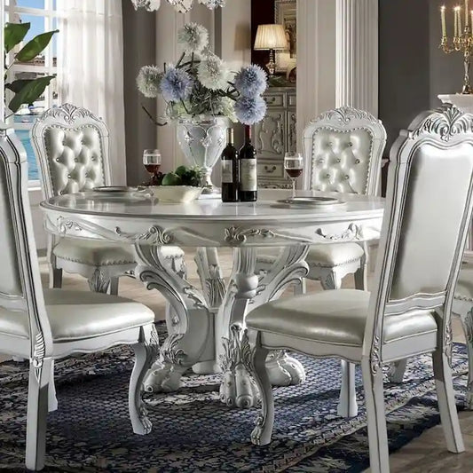 60Dia Round Dining Table with Wooden Legs in Bone White