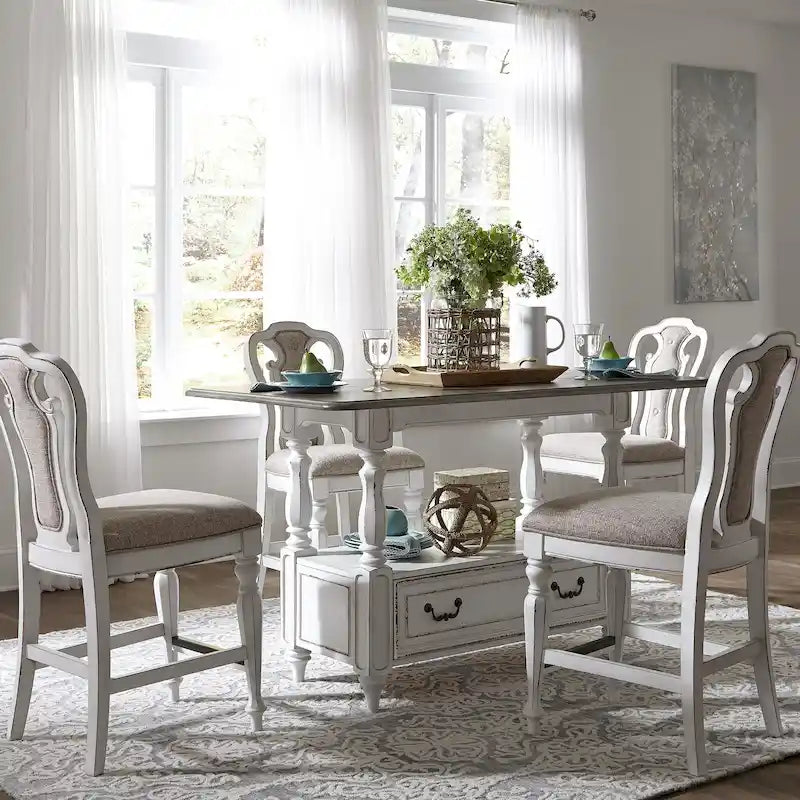 Magnolia Manor Antique White Weathered Bark 5 Piece Gathering Table Set