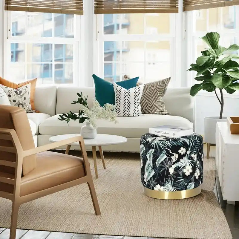 Adeco Round Flower Velvet Ottoman Foot Stool with Gold Trim Foot Rest