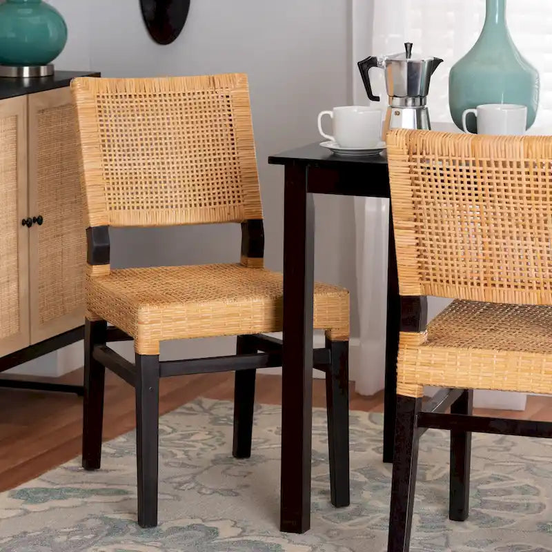 Lesia Modern Bohemian Natural Brown Rattan and Espresso Brown Mahogany Wood Dining Chair