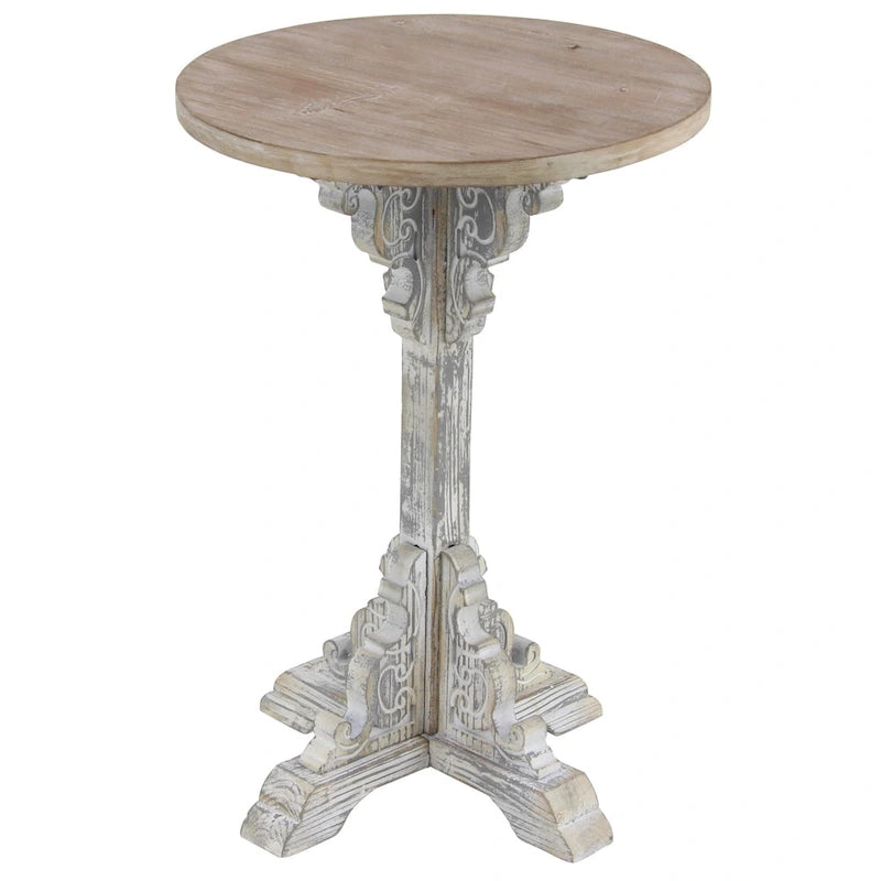 Wood Scroll Intricately Carved Accent or End Table with Brown Wood Top - Gray, White, Cream - Roche River Decor