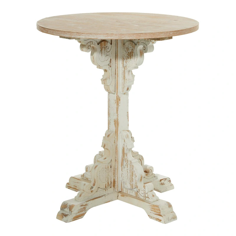 Wood Scroll Intricately Carved Accent or End Table with Brown Wood Top - Gray, White, Cream - Roche River Decor