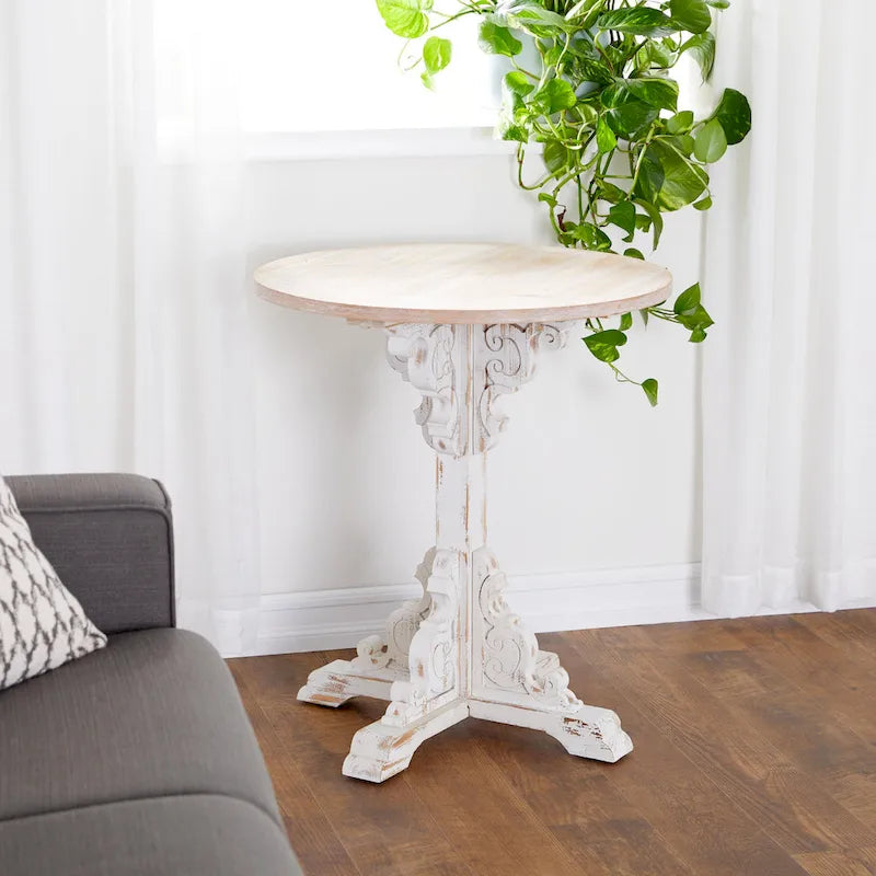 Wood Scroll Intricately Carved Accent or End Table with Brown Wood Top - Gray, White, Cream - Roche River Decor