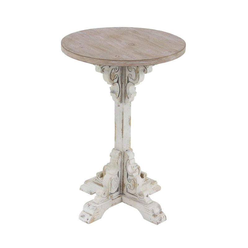 Wood Scroll Intricately Carved Accent or End Table with Brown Wood Top - Gray, White, Cream - Roche River Decor