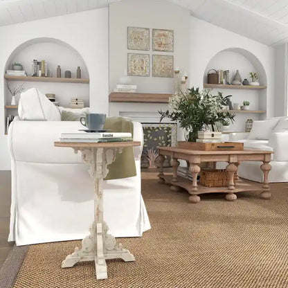 Wood Scroll Intricately Carved Accent or End Table with Brown Wood Top - Gray, White, Cream - Roche River Decor