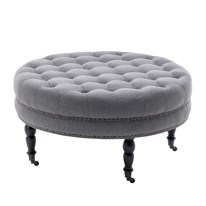 Porthos Home Indy Fabric Round Cocktail Ottoman with Rubberwood Legs and Wheels