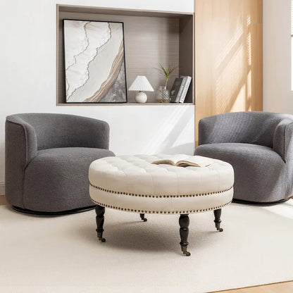 Porthos Home Indy Fabric Round Cocktail Ottoman with Rubberwood Legs and Wheels