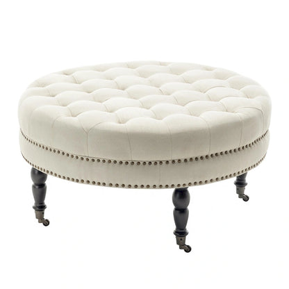 Porthos Home Indy Fabric Round Cocktail Ottoman with Rubberwood Legs and Wheels