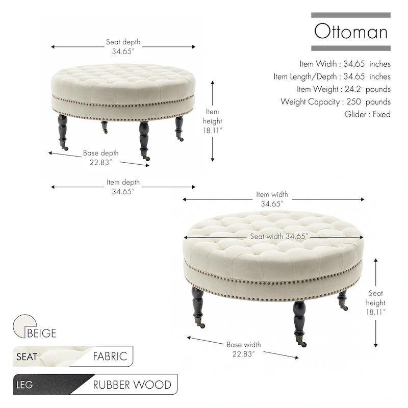 Porthos Home Indy Fabric Round Cocktail Ottoman with Rubberwood Legs and Wheels