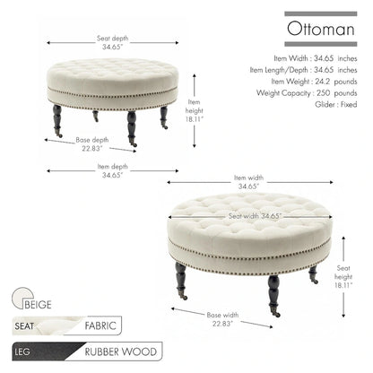 Porthos Home Indy Fabric Round Cocktail Ottoman with Rubberwood Legs and Wheels