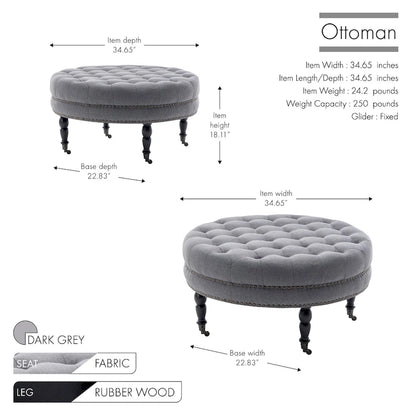 Porthos Home Indy Fabric Round Cocktail Ottoman with Rubberwood Legs and Wheels