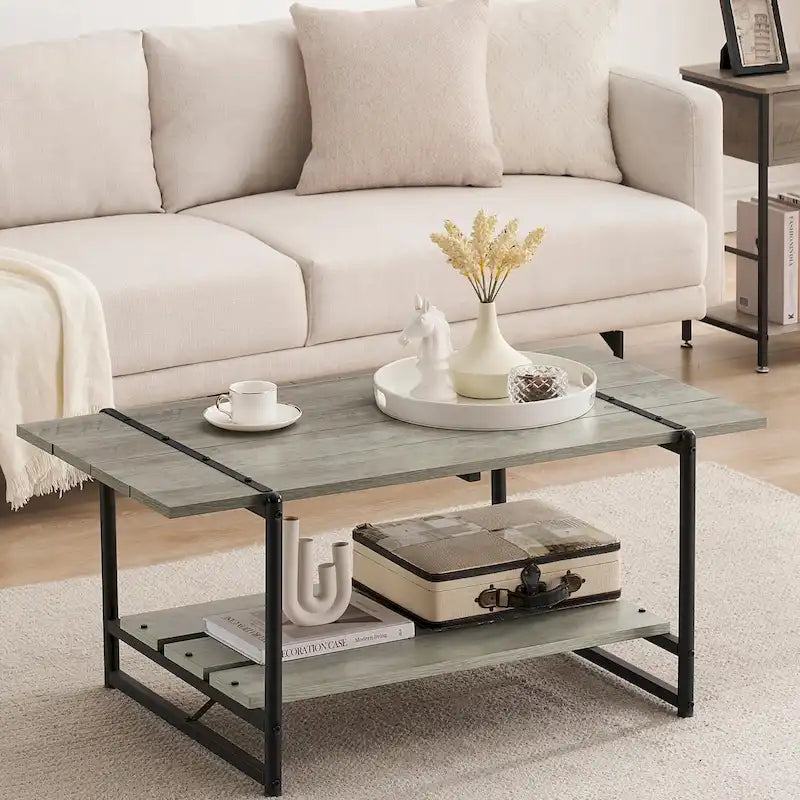 2-Tier Modern Industrial 41 Large Wood Coffee Table with Storage Shelf