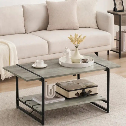 2-Tier Modern Industrial 41 Large Wood Coffee Table with Storage Shelf