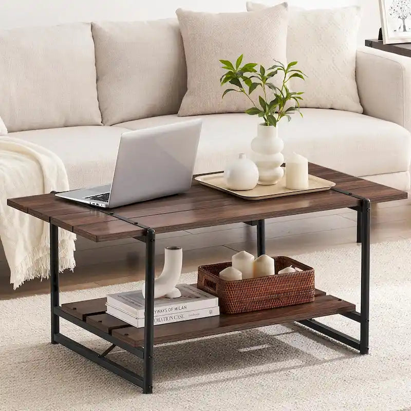 2-Tier Modern Industrial 41 Large Wood Coffee Table with Storage Shelf