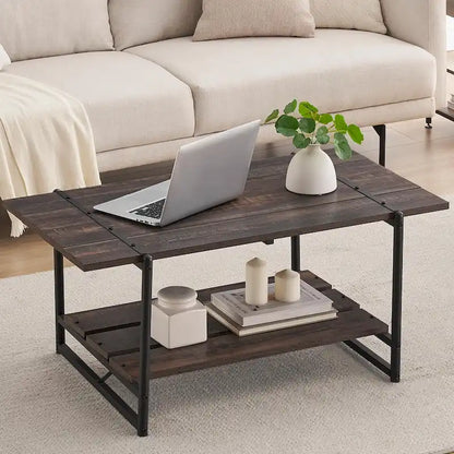 2-Tier Modern Industrial 41 Large Wood Coffee Table with Storage Shelf