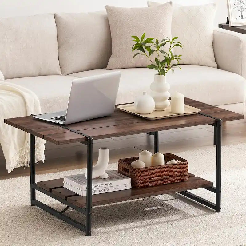 2-Tier Modern Industrial 41 Large Wood Coffee Table with Storage Shelf