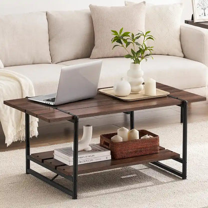 2-Tier Modern Industrial 41 Large Wood Coffee Table with Storage Shelf