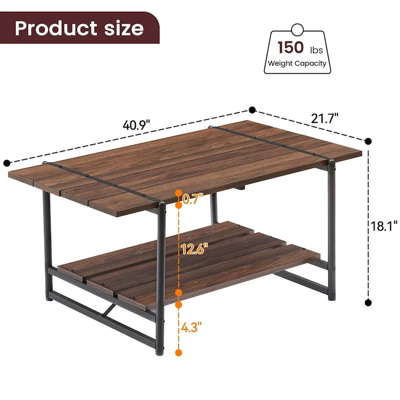 2-Tier Modern Industrial 41 Large Wood Coffee Table with Storage Shelf