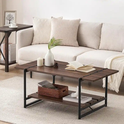 2-Tier Modern Industrial 41 Large Wood Coffee Table with Storage Shelf