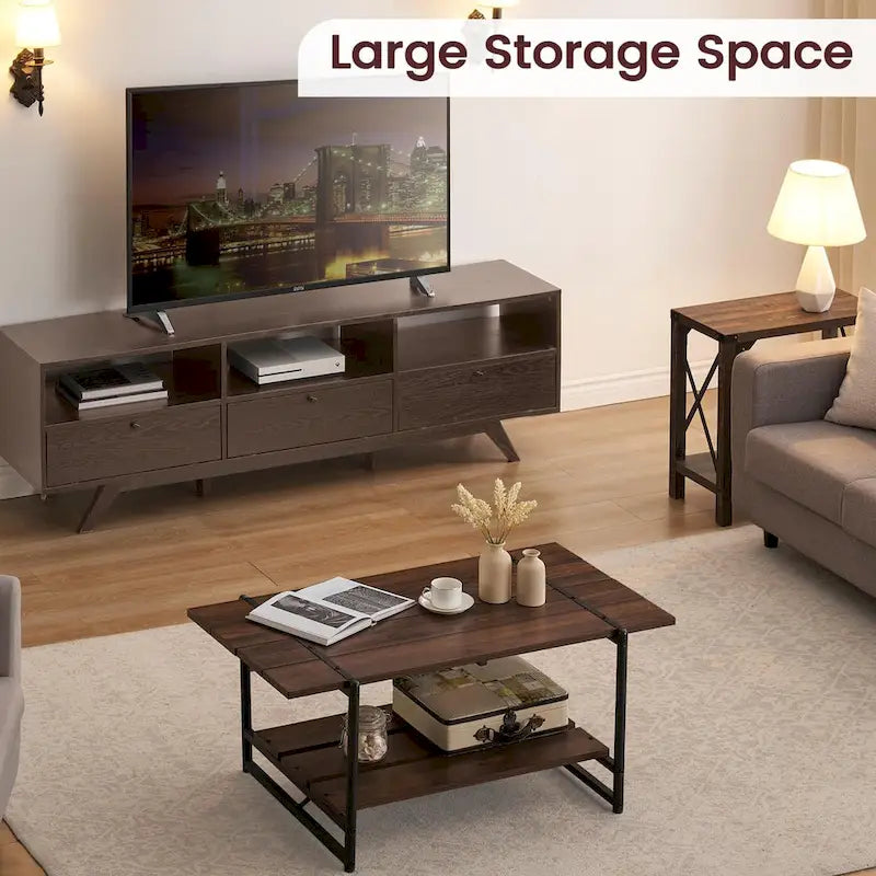2-Tier Modern Industrial 41 Large Wood Coffee Table with Storage Shelf
