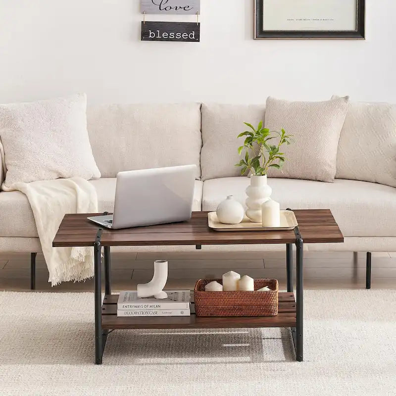 2-Tier Modern Industrial 41 Large Wood Coffee Table with Storage Shelf