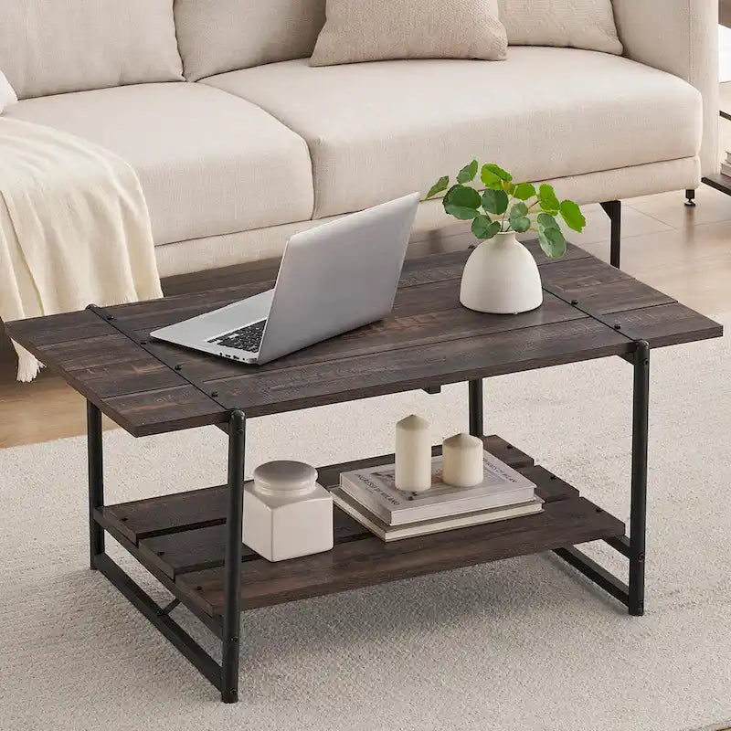 2-Tier Modern Industrial 41 Large Wood Coffee Table with Storage Shelf