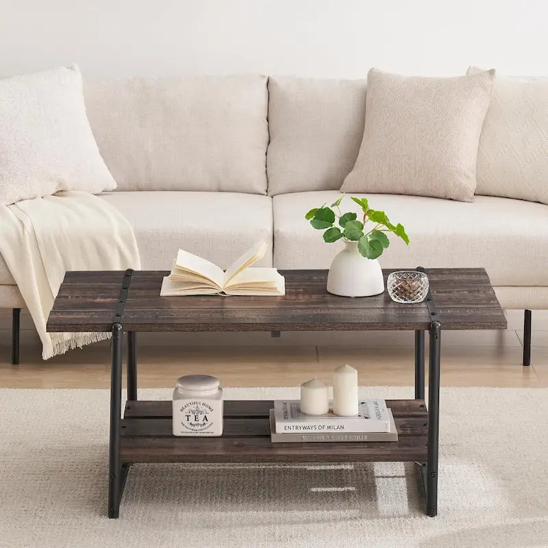 2-Tier Modern Industrial 41 Large Wood Coffee Table with Storage Shelf