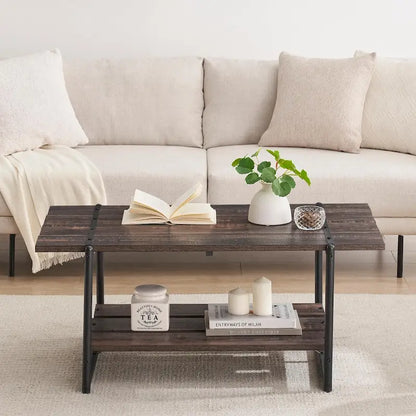 2-Tier Modern Industrial 41 Large Wood Coffee Table with Storage Shelf