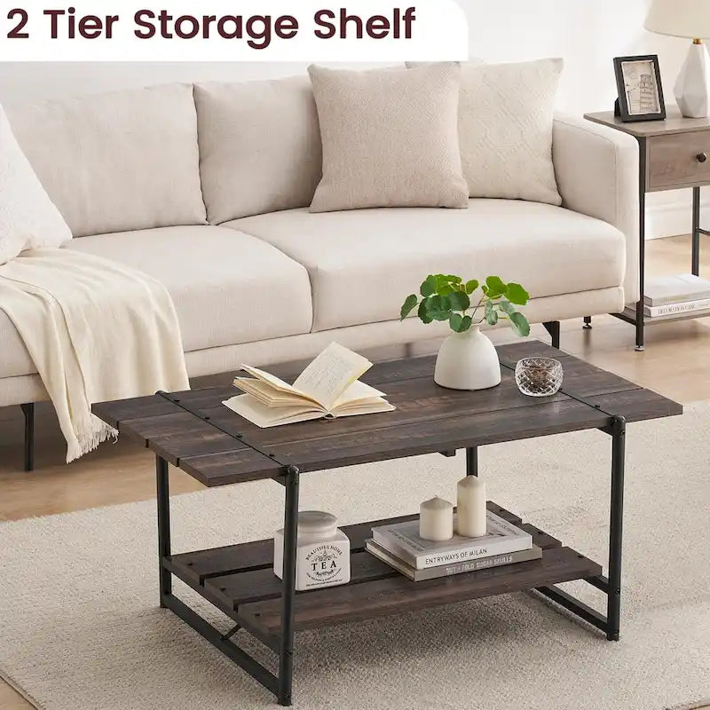2-Tier Modern Industrial 41 Large Wood Coffee Table with Storage Shelf