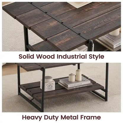 2-Tier Modern Industrial 41 Large Wood Coffee Table with Storage Shelf