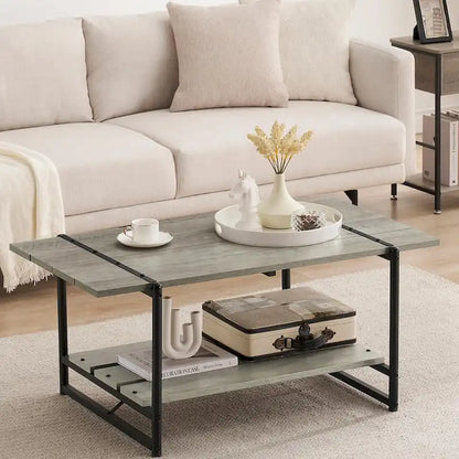 2-Tier Modern Industrial 41 Large Wood Coffee Table with Storage Shelf