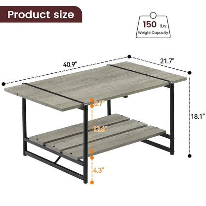 2-Tier Modern Industrial 41 Large Wood Coffee Table with Storage Shelf