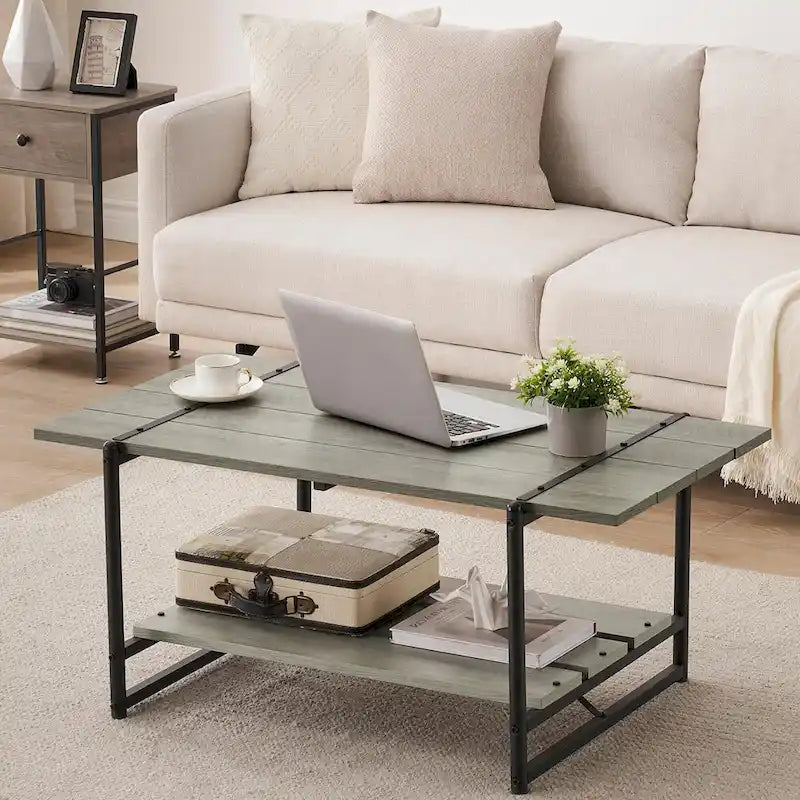 2-Tier Modern Industrial 41 Large Wood Coffee Table with Storage Shelf