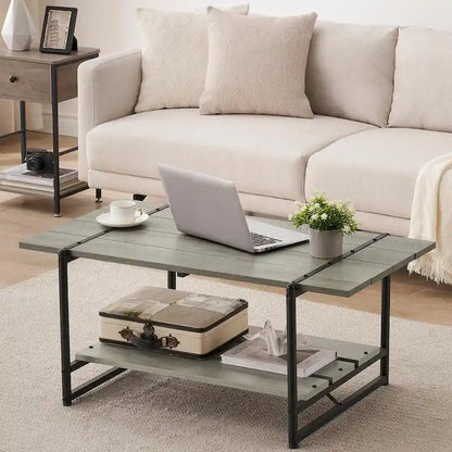 2-Tier Modern Industrial 41 Large Wood Coffee Table with Storage Shelf