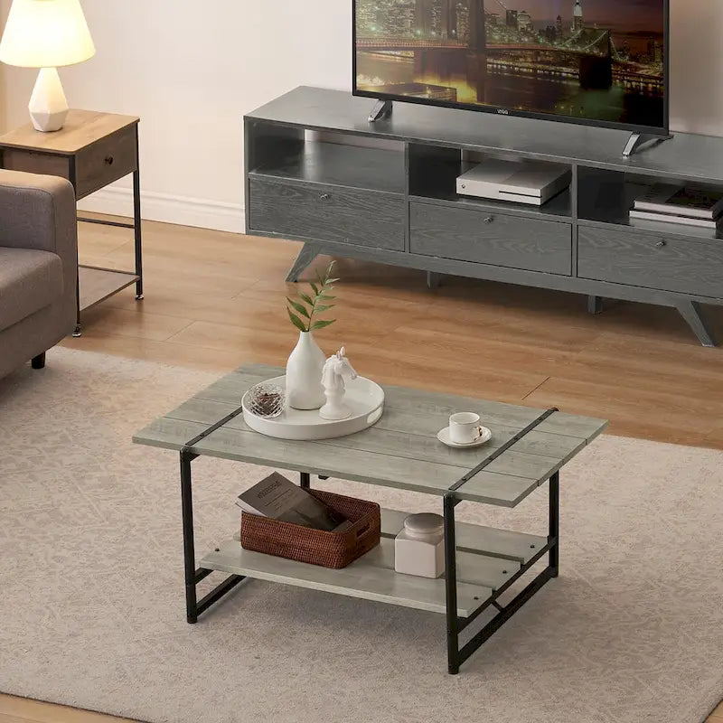 2-Tier Modern Industrial 41 Large Wood Coffee Table with Storage Shelf